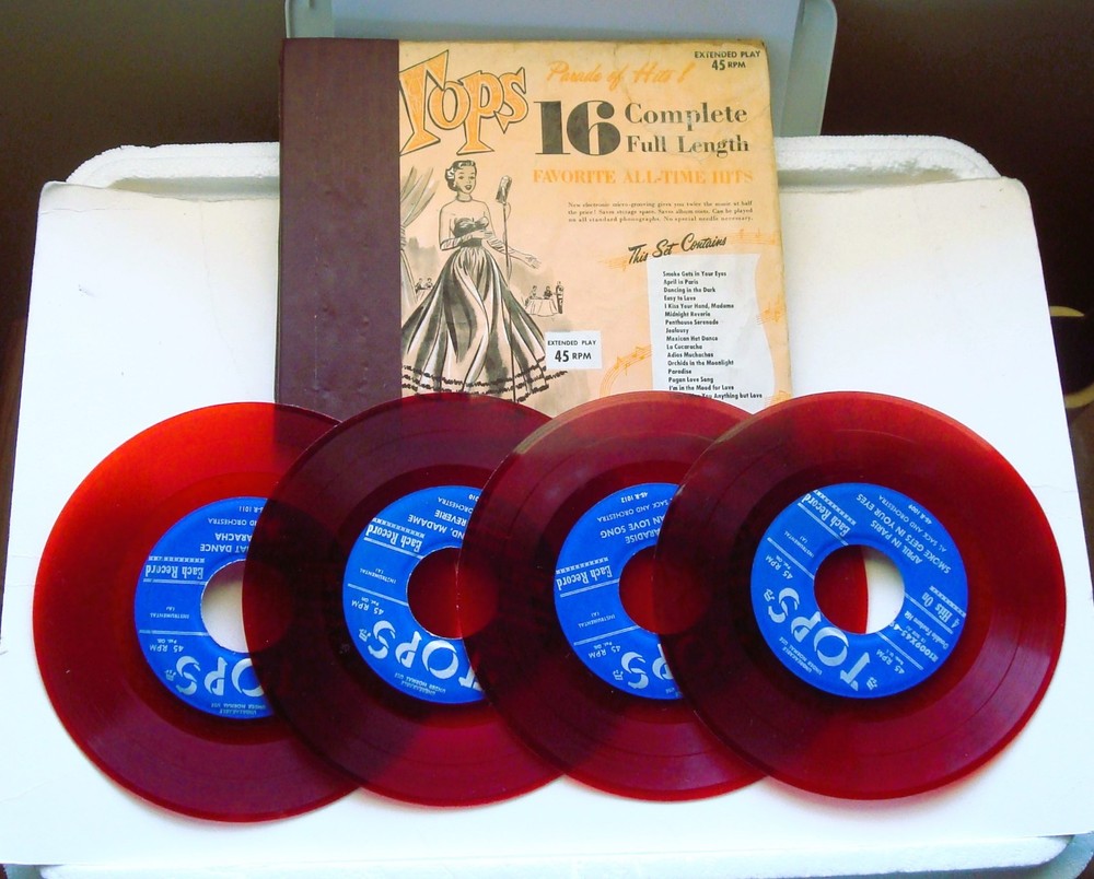 TOPS 1950s PARADE of HITS ALBUM, 4 RED VINYL 45 RPM RECORDS