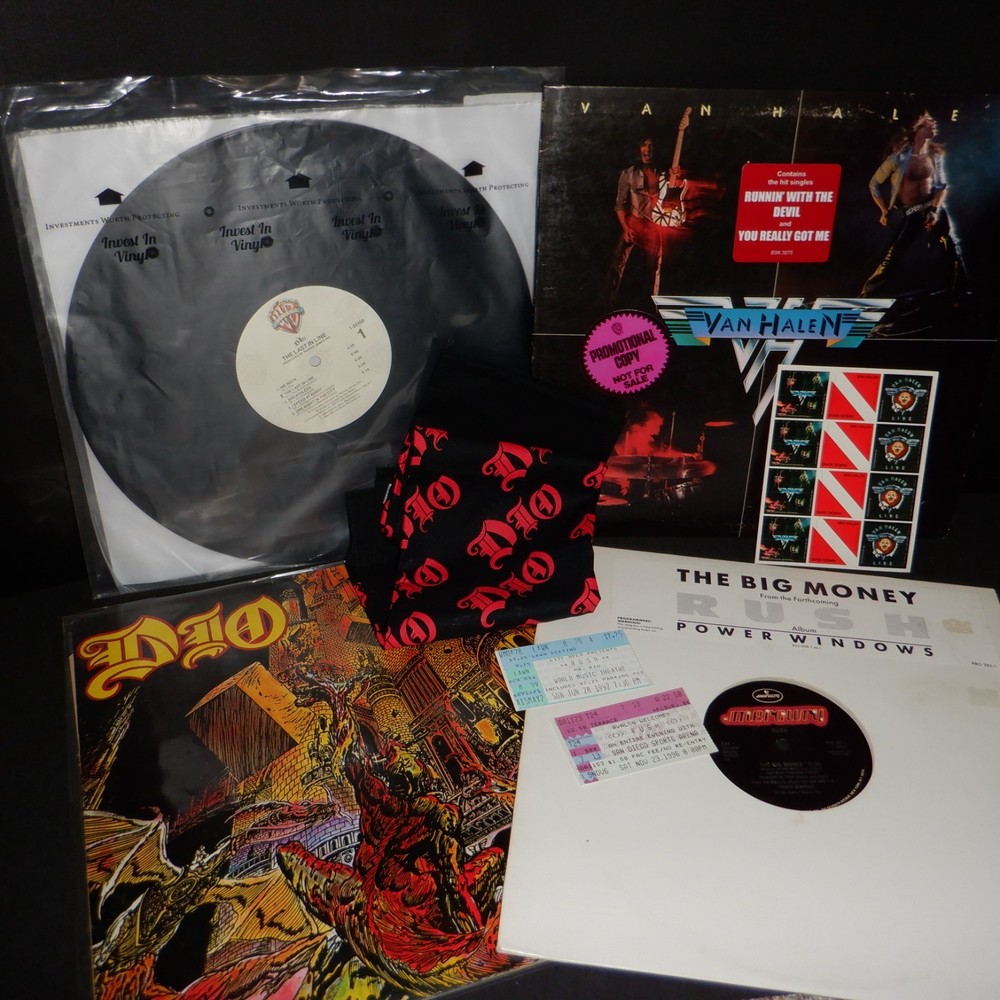HARD ROCK vinyl LOT x4 DIO Van Halen RUSH + Tix stubs Stickers FREE NEW SLIPMAT!