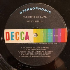Vintage Vinyl 33 1/3 RPM LP Record Album: Kitty Wells, “Pledging My Love”