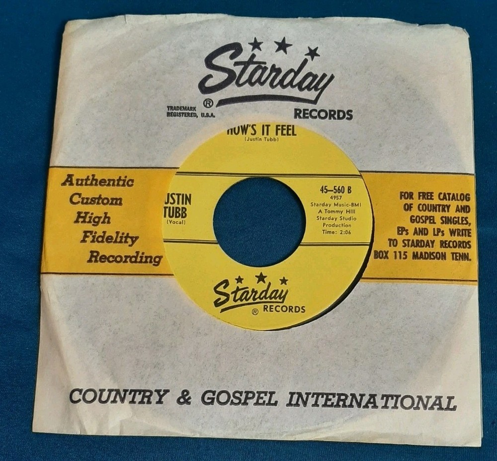 Justin Tubb 45 How’s It Feel / Your SIde Of The Story Starday 45-560 ex