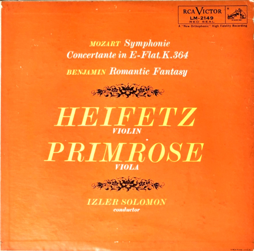 MOZART- Symphonie Concertante- HEIFETZ/PRIMROSE/SOLOMON- RCA LM 2149