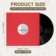 10Pack 12″x12″ 110GSM Vinyl Record Inner Paper Sleeves with Poly Lined Red
