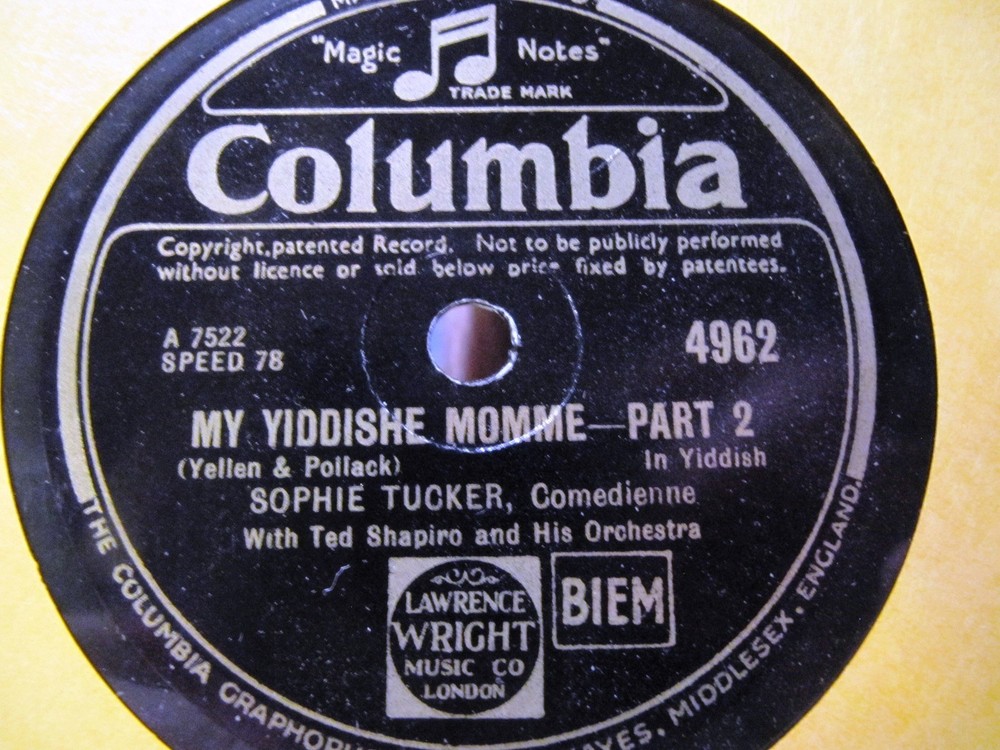 Yiddish 1928 SOPHIE TUCKER My Yiddishe Momme Ted Shapiro COLUMBIA 4962 Jewish