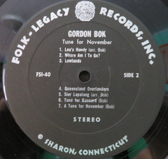 GORDON BOK ~ “A TUNE FOR NOVEMBER” 1970 FOLK-LEGACY RECORDS (FSI-40) LP w/INSERT