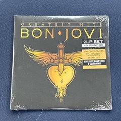 BON JOVI 2 LP GOLD VINYL LP GREATEST HITS + LITHO & HYPE STICKER GATEFOLD COVER