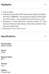 Preorder BTS 5th Album ARIRANG Target Exclusive Vinyl V TAEHYUNG – REd Velvet