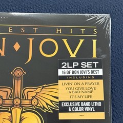 BON JOVI 2 LP GOLD VINYL LP GREATEST HITS + LITHO & HYPE STICKER GATEFOLD COVER
