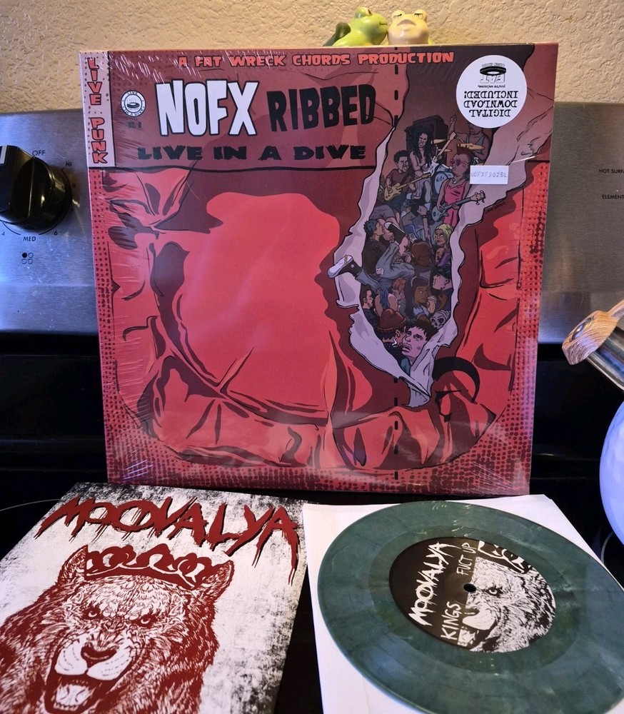 NOFX – Ribbed- Live In A Dive LP & Moovalya 7-inch colored vinyl bundle.
