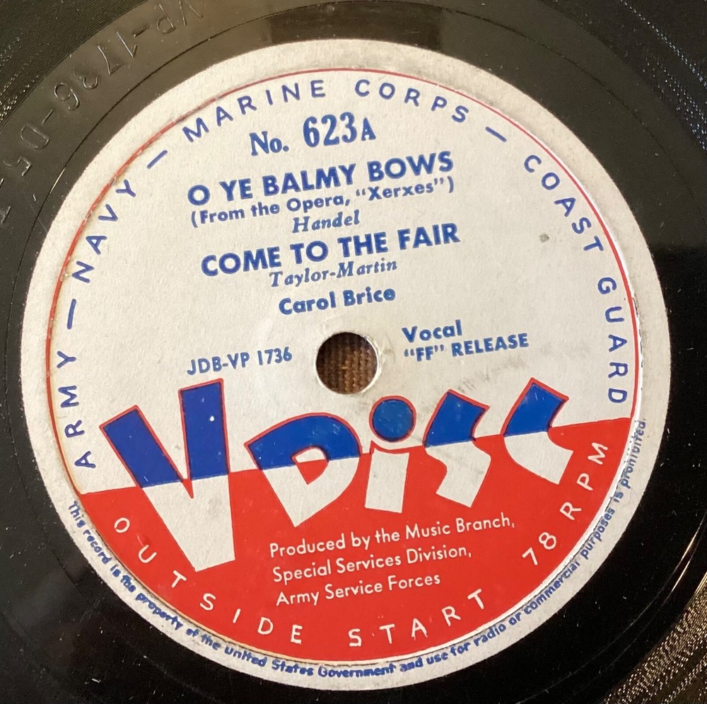 Carol Brice – 78 rpm V Disc 623: O Ye Balmy Bows, 2. Come to the Fair/BJOERLING