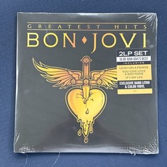 BON JOVI 2 LP GOLD VINYL LP GREATEST HITS + LITHO & HYPE STICKER GATEFOLD COVER