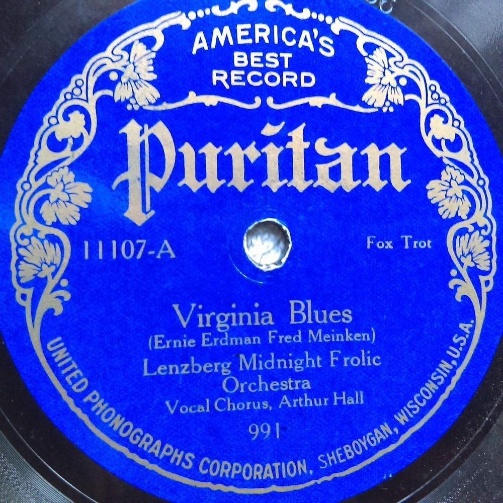 78 rpm Puritan 11107, Lenzberg Midnight Frolic, Virginia Blues, Boo Hoo jazz, V+