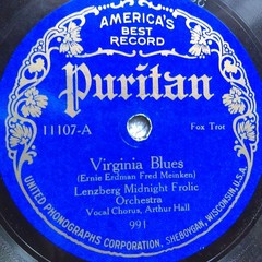 78 rpm Puritan 11107, Lenzberg Midnight Frolic, Virginia Blues, Boo Hoo jazz, V+