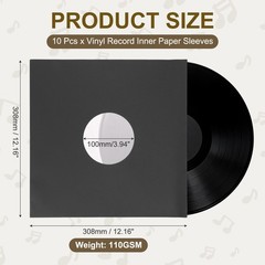 12″x12″ 10 Pcs 120GSM Vinyl Record Inner Paper Sleeves with Poly Lined (Black)