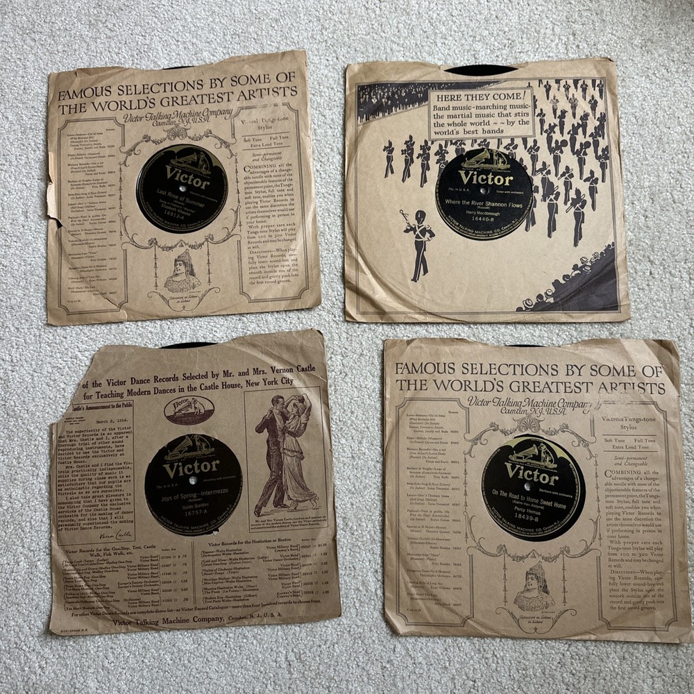 4 VICTOR Records SCROLL 78 RPM LOT w Sleeves 2 Songs Per Disk Vtg 1920s – As Is