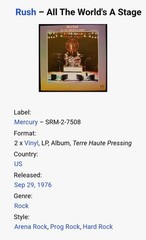 RUSH “All the World’s a Stage” 1976 Vinyl Albums!