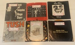 (6) Jukebox-ready 45 rpm 7″ Vinyl Records: ZZ Top, Wings, Ringo, War, Grand Funk