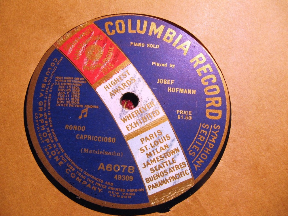 1918 JOSEF HOFMANN Piano MENDELSSOHN Rondo Capriccioso CHOPIN BERCEUSE COLUMBIA