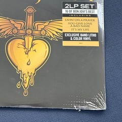 BON JOVI 2 LP GOLD VINYL LP GREATEST HITS + LITHO & HYPE STICKER GATEFOLD COVER