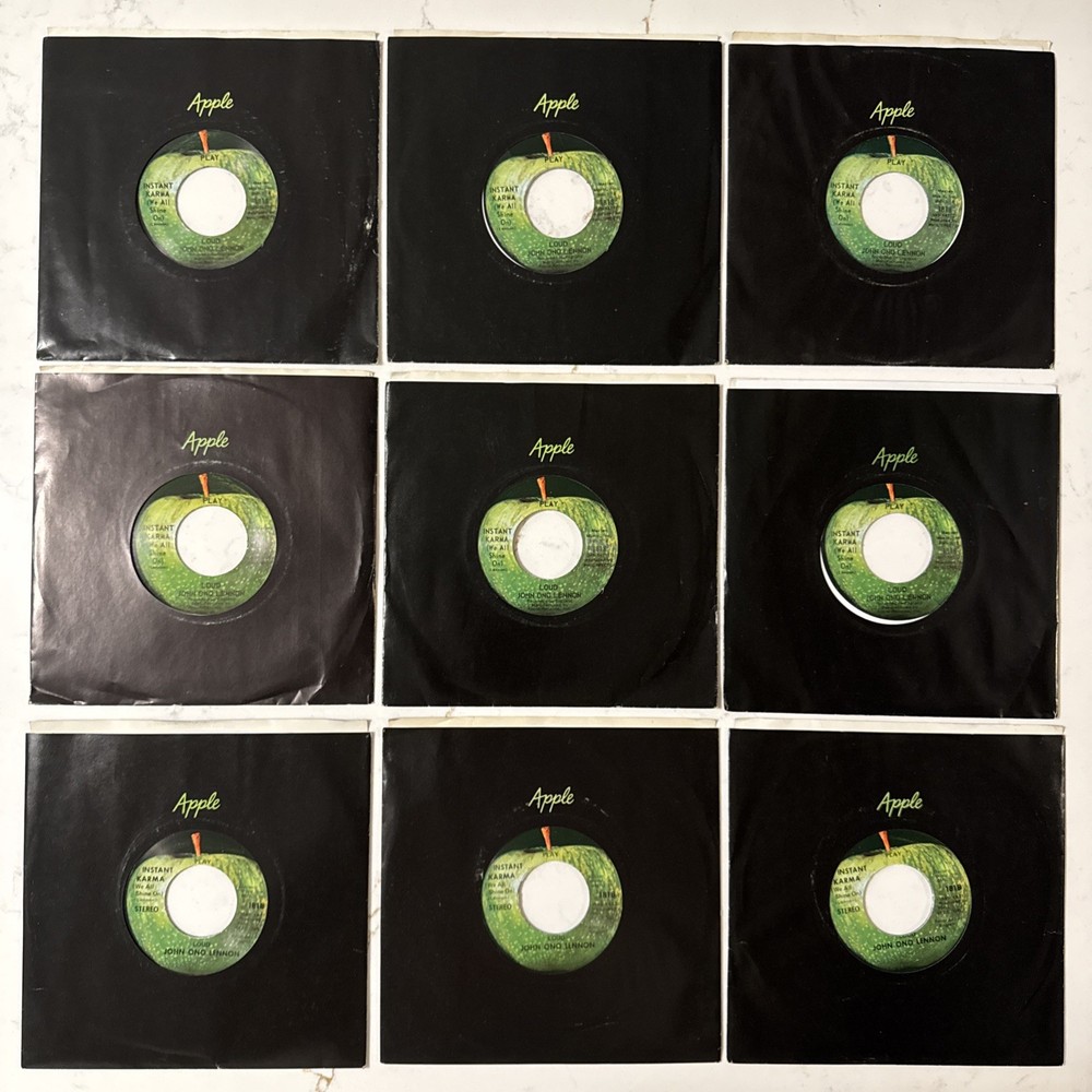 9 ORIG. WHITE RIM NEW APPLE JOHN LENNON 45s INSTANT KARMA BLACK APPLE SLEEVES