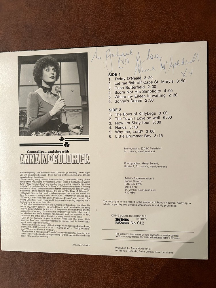 Come All Ye…And Sing With Anna McGoldrick SIGNED AUTOGRAPH 1979 CL2 Vinyl 12”