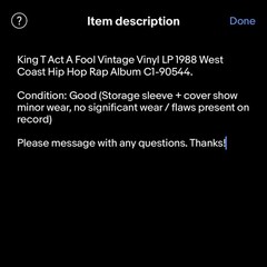 King T Act A Fool Vintage Vinyl LP 1988 West Coast Hip Hop Rap Album C1-90544