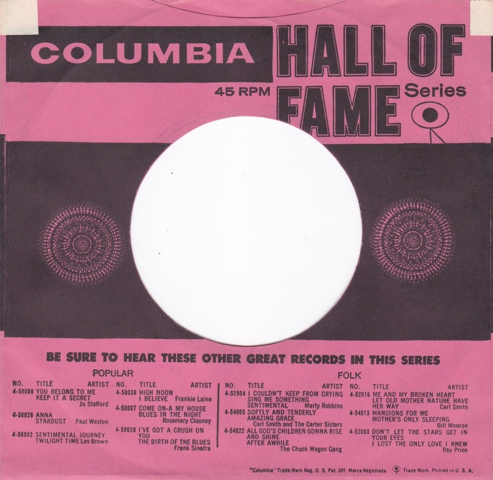 COLUMBIA HALL OF FAME SERIES 5TH ISSUE 7″ 45RPM Original Record Company Sleeve