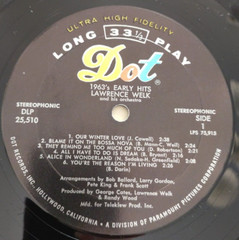 Lawrence Welk 1963’s EARLY HITS 12″ 33 1/3 LP Vinyl Record DLP 25510 DOT Records