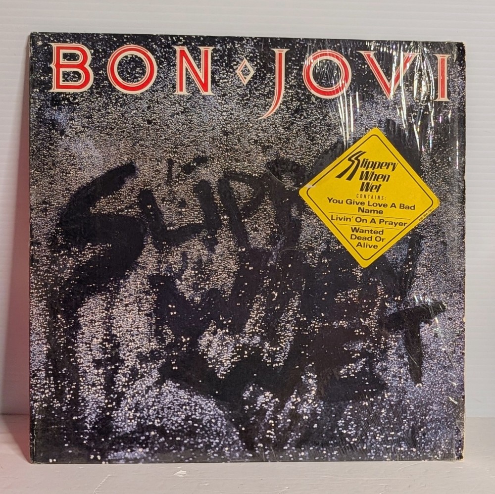 BON JOVI “SLIPPERY WHEN WET” 1986 LP Vinyl Record Heavy Metal Hype Sticker