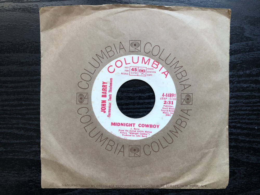 John Barry MIDNIGHT COWBOY 1969 Columbia 45 PROMOTIONAL single VG+