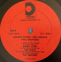 The Four Seasons, Johnny Rivers, Neil Sedaka, The J Brothers 33 1/3 rpm LP