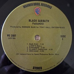Black Sabbath ~ Paranoid ~ 1971 , LP Warner Bros. WS 1887, Terre Haute Press