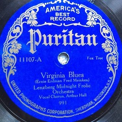 78 rpm Puritan 11107, Lenzberg Midnight Frolic, Virginia Blues, Boo Hoo jazz, V+
