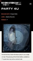 LIMITED SEALED Charli XCX PARTY 4U – CLEAR – Record Store Day RSD 2026 7 INCH