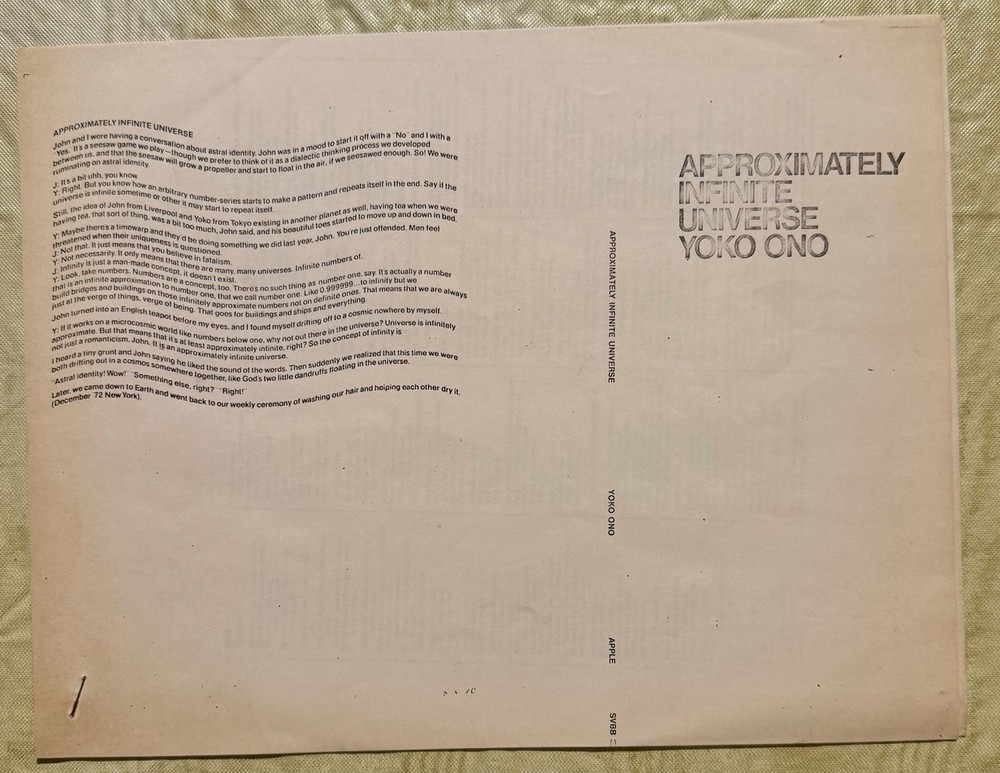 Yoko Ono Approximately Infinite Universe Apple LP Test Pressing John Lennon ￼