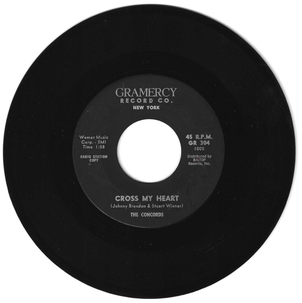RARE DOO WOP 45 THE CONCORDS CROSS MY HEART ON GRAMERCY VG+ ORIGINAL PROMO