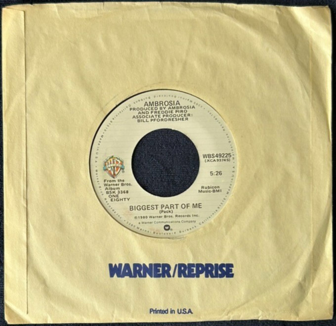 AMBROSIA BIGGEST PART OF ME 7” SINGLE WARNER BROS. WBS49225 1980 US PRESS