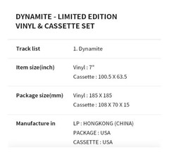 BTS Official Dynamite Limited Edition Vinyl LP 7″ & Cassette Set K-Pop “Sealed”