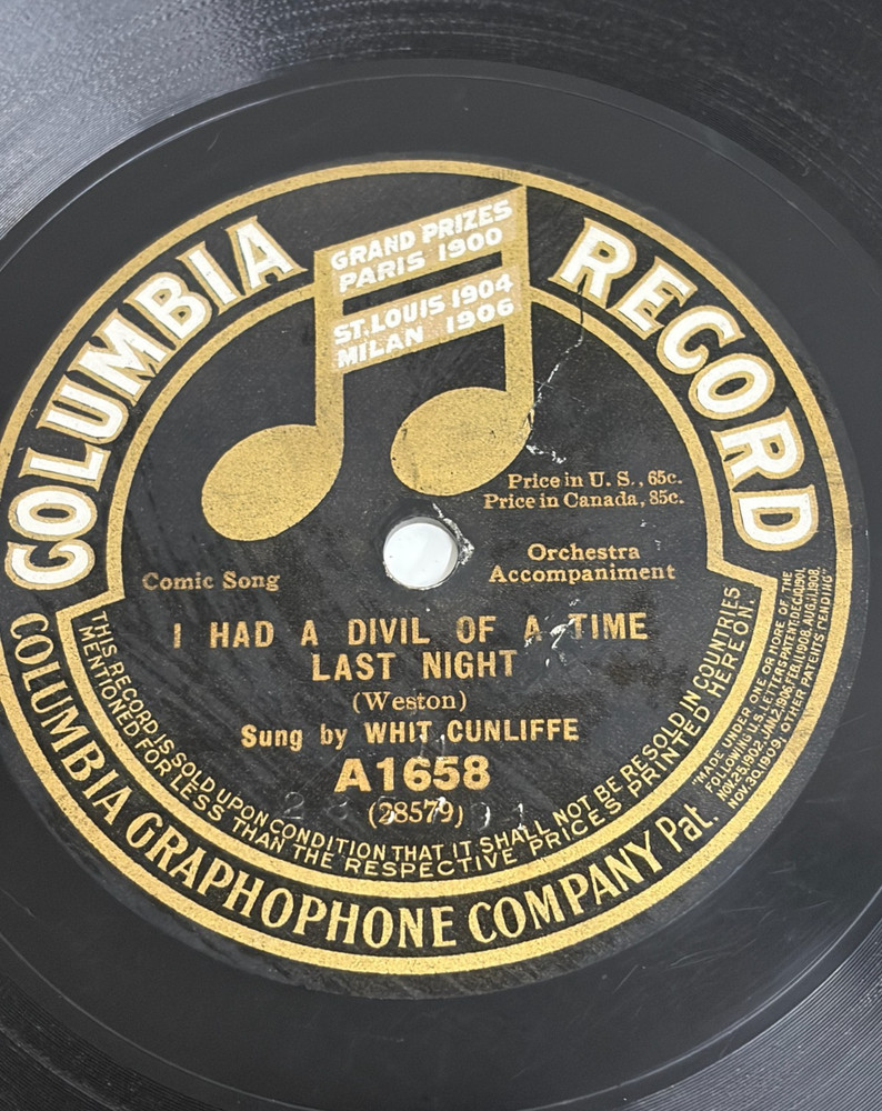 English Comedy – WHIT CUNLIFFE – ‘I HAD A DIVIL OF A TIME’ Columbia c1900s