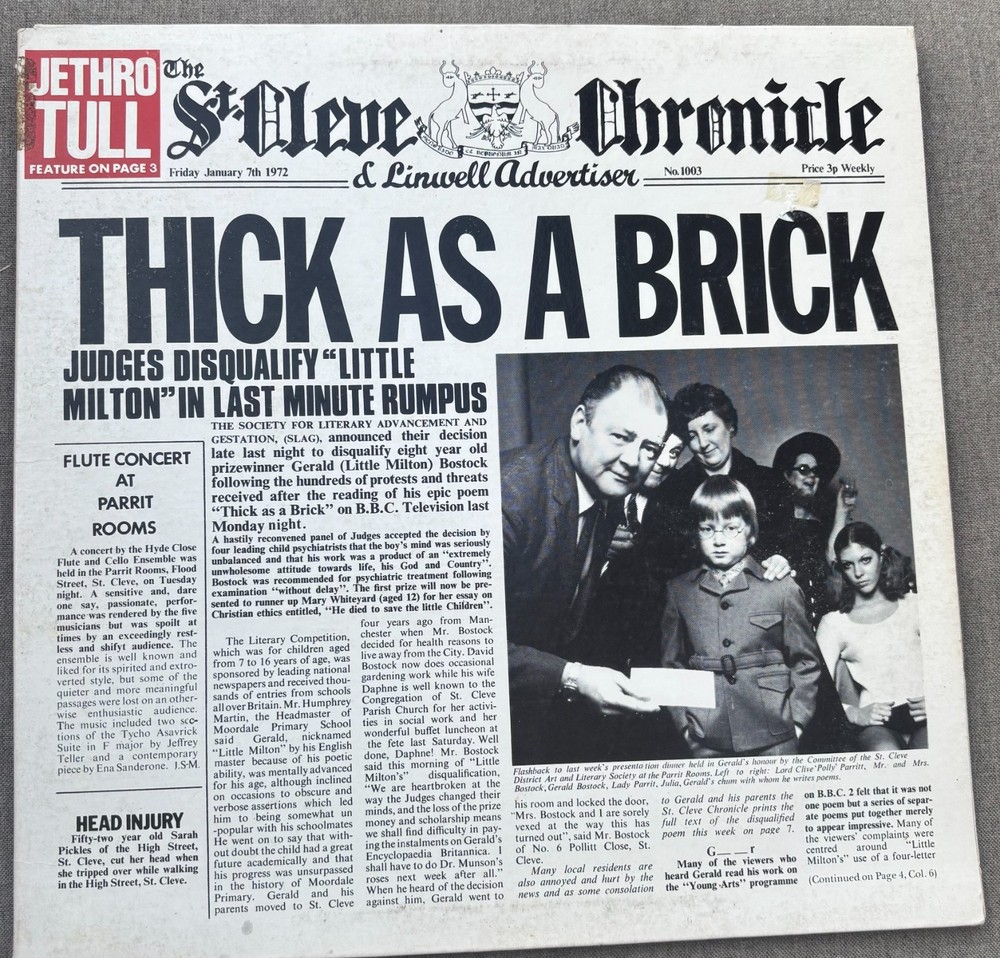 Jethro Tull Thick As A Brick LP PV41003 Chrysalis VG+ Vinyl Complete Gatefold