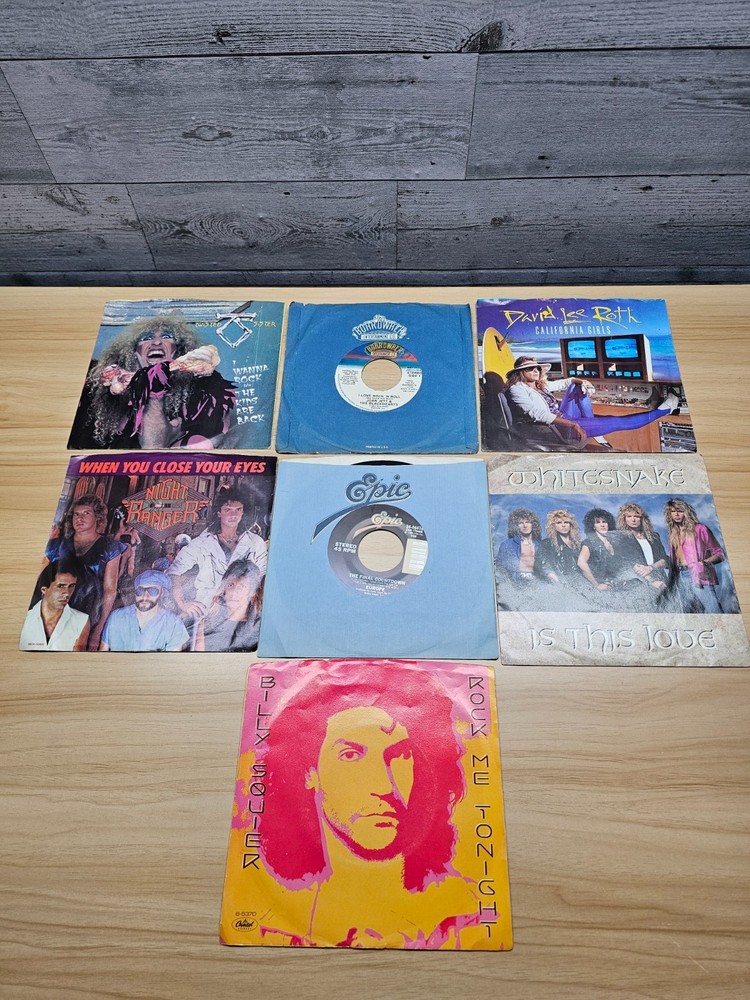 LOT OF 7 1980’S HARD ROCK VINYL 45’S – EUROPE, WHITESNAKE, JOAN JETT, ETC.