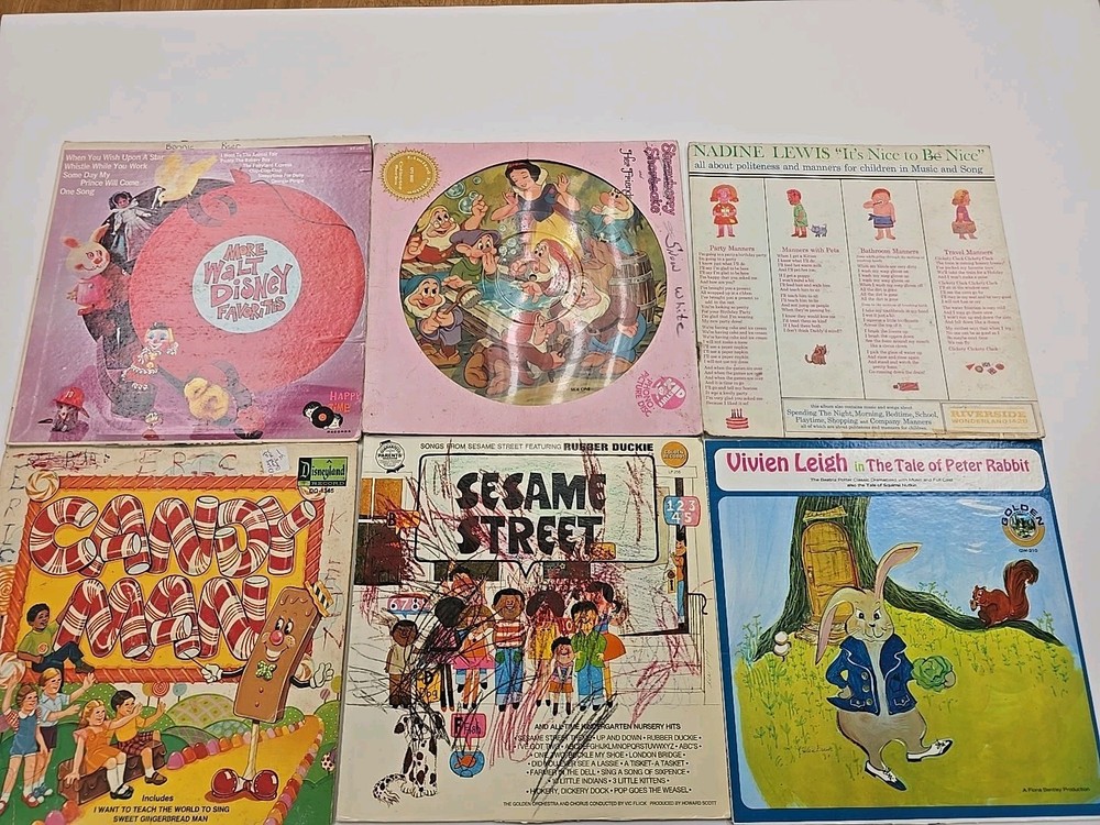 Vintage Lot 6 Of Children’s LP’s Walt Disney Snow White, Candy Man, Sesame Stree