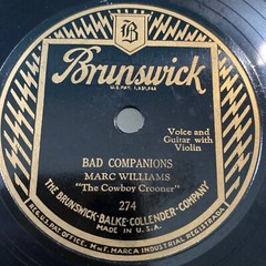 1928 COUNTRY Marc Williams 78 rpm Brunswick 274 BAD COMPANIONS V+