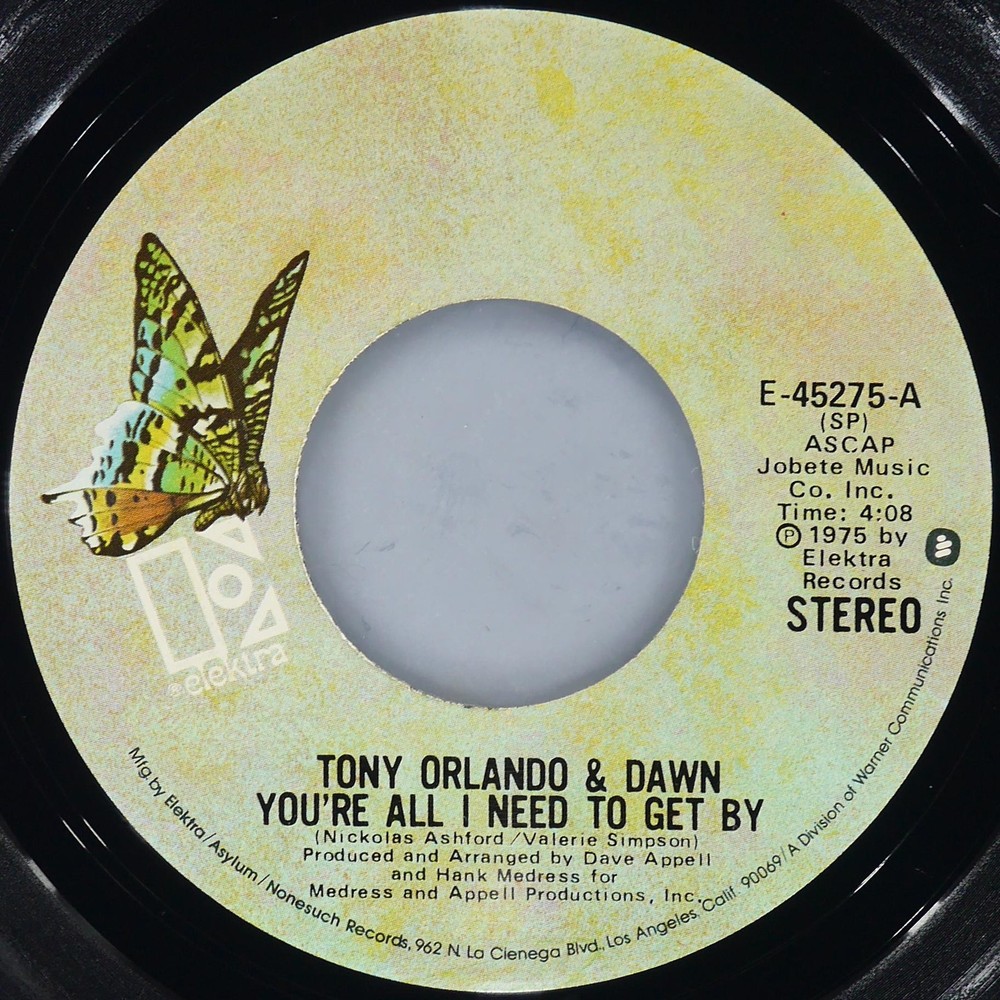 TONY ORLANDO & DAWN You’Re All I Need To Get By ELEKTRA E-45275 VG 45 1975 7″