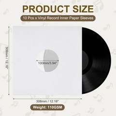 12″x12″ 10 Pcs 110GSM Vinyl Record Inner Paper Sleeves with Poly Lined (White)
