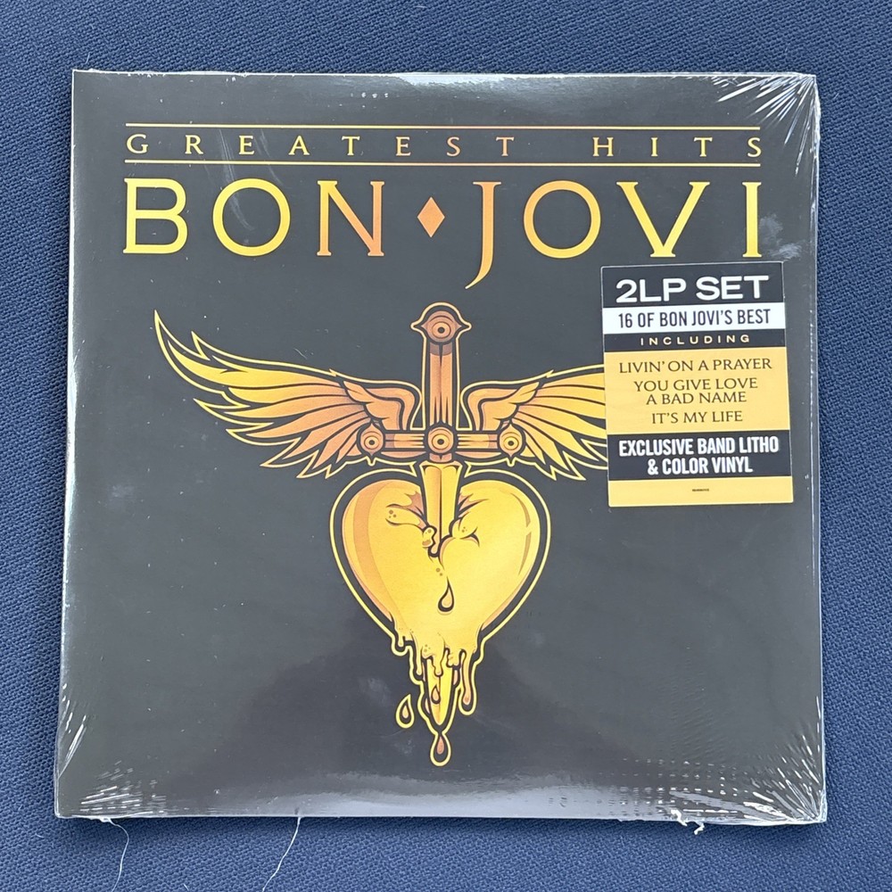 BON JOVI 2 LP GOLD VINYL LP GREATEST HITS + LITHO & HYPE STICKER GATEFOLD COVER