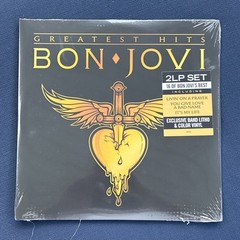 BON JOVI 2 LP GOLD VINYL LP GREATEST HITS + LITHO & HYPE STICKER GATEFOLD COVER