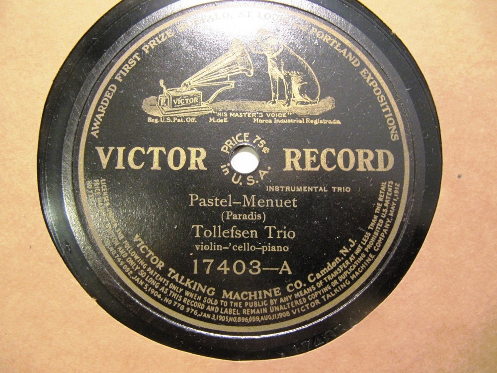 1913 Carl TOLLEFSEN TRIO Violin Kefer Cello PARADIS Pastel-Menuet VICTOR 17403