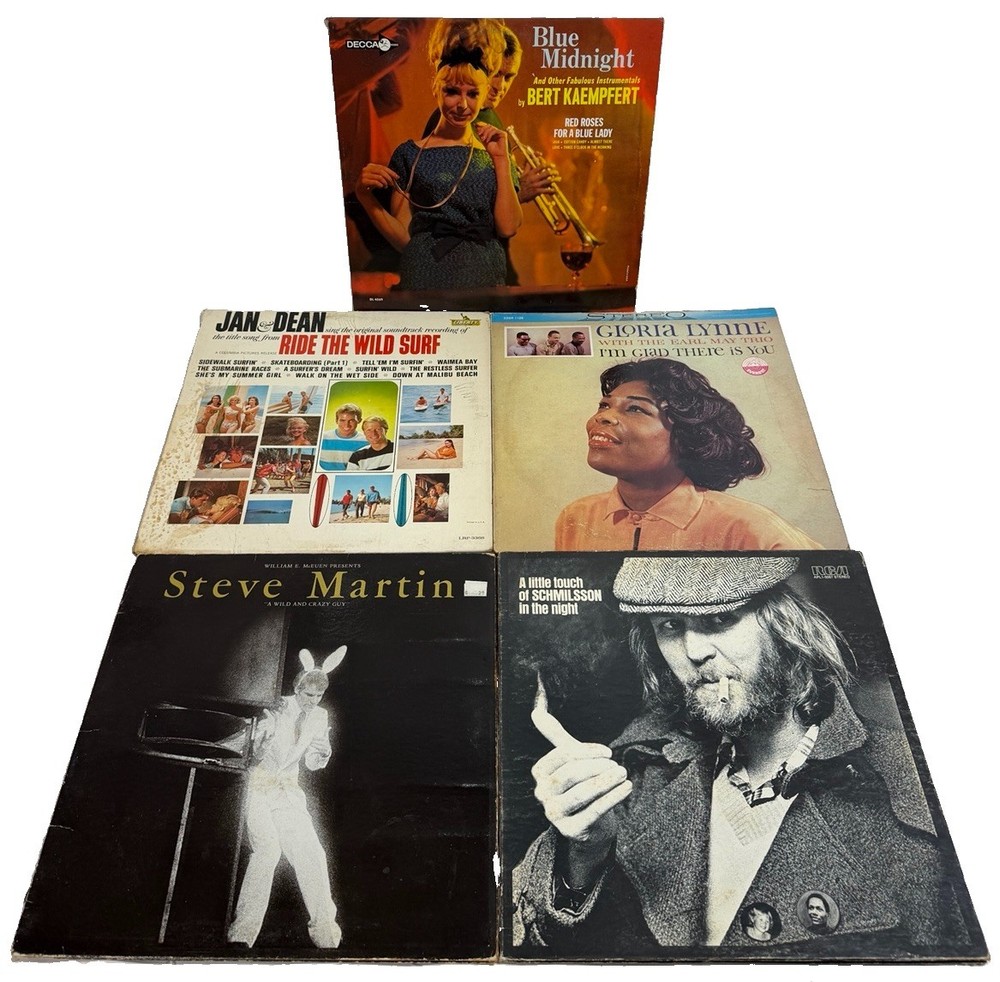 5 Vintage Vinyl LP Record Lot – Comedy, Surf Rock, Easy Listening, Vocal Jazz