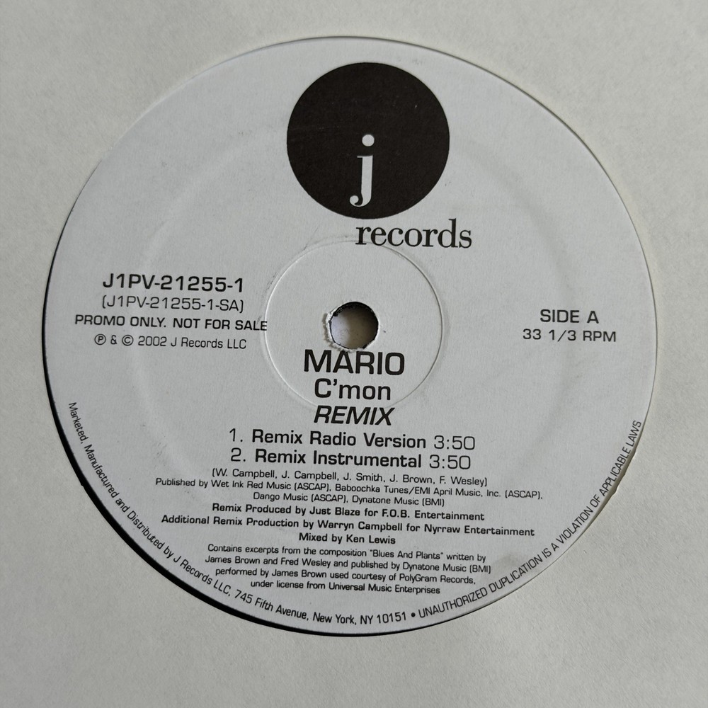 Mario~C’mon Remix 12” Promo~J Records~2002 R&B / Hip-Hop / Rap~FAST SHIP OUT