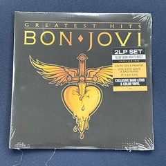 BON JOVI 2 LP GOLD VINYL LP GREATEST HITS + LITHO & HYPE STICKER GATEFOLD COVER